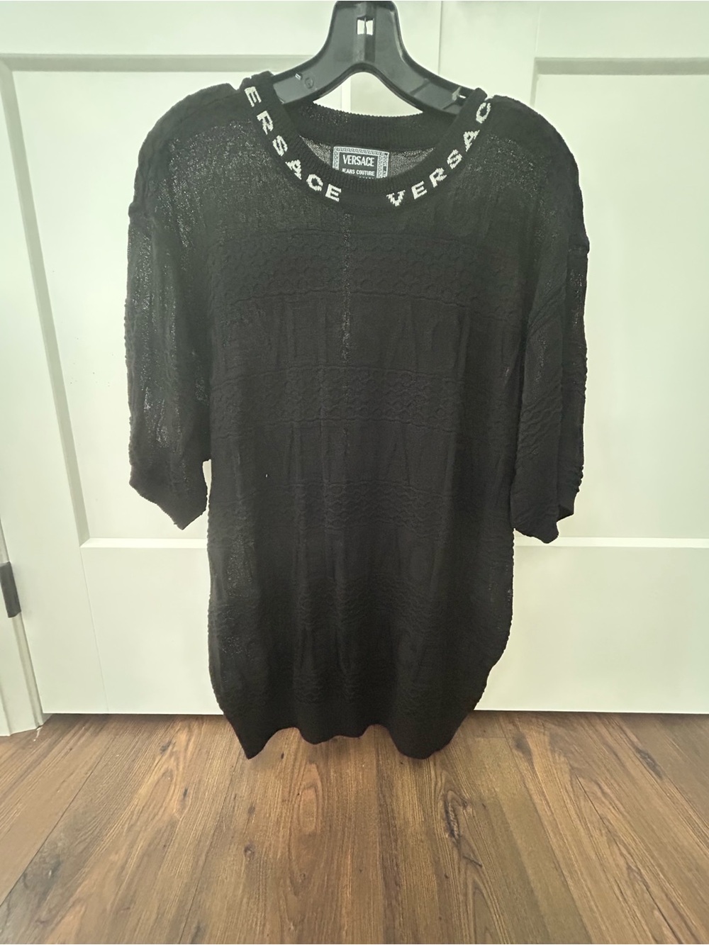 Versace Black Short-Sleeve Knit Sweater with Logo Collar